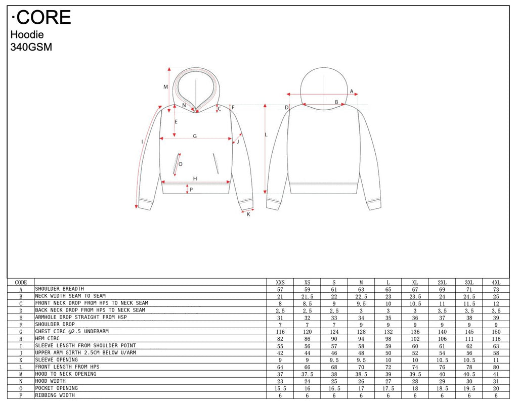 RPM hoodie size guide